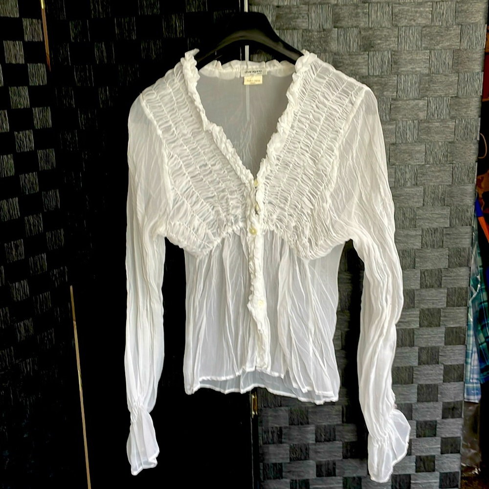 Sharagano White Sheer Ruffled button down blouse L (runs small) Fantastic Style